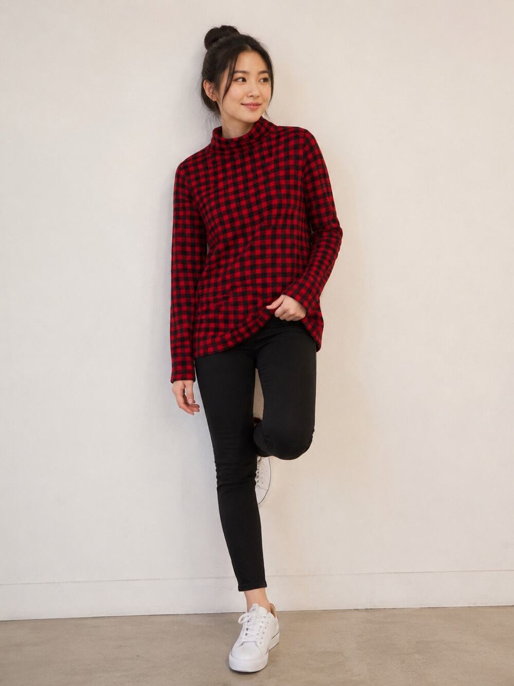 LANDS END XS Red Black Buffalo Plaid Mock Neck Long Sleeve Top